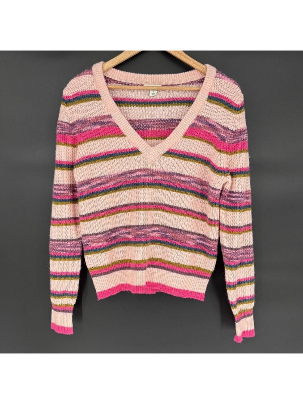 Sundance Women's Striped Knit Sweater M Pink V Neck Pullover Boho Wool Blend